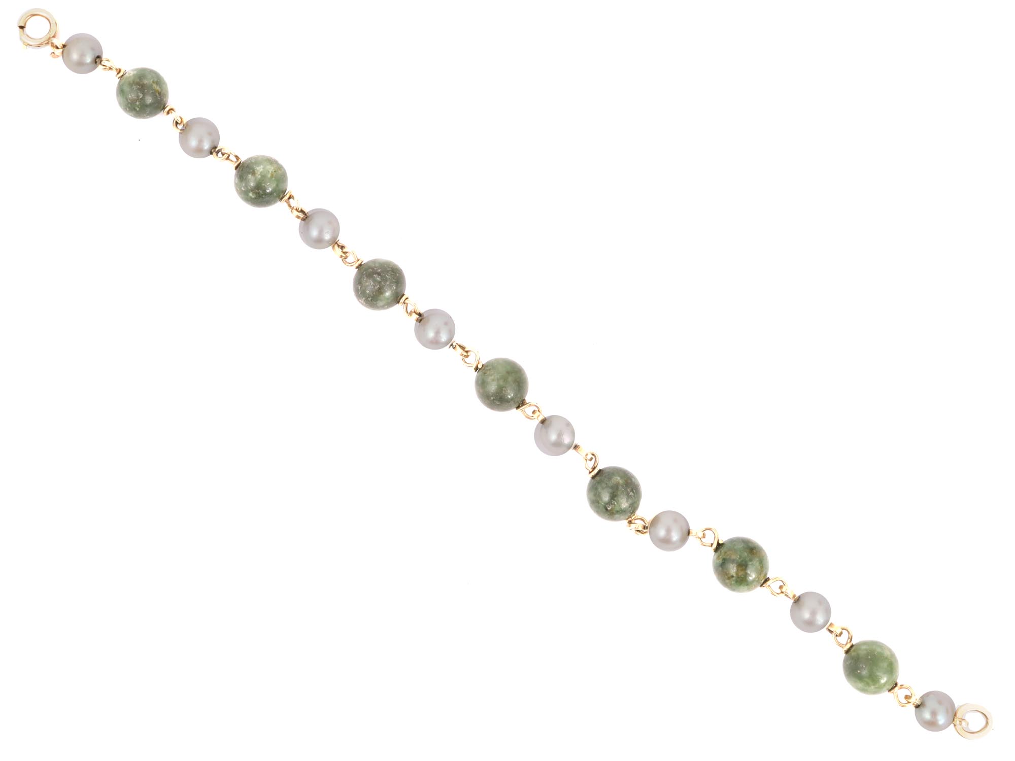 14K GOLD CHAIN BRACELET WITH JADE AND PEARL BEADS PIC-1